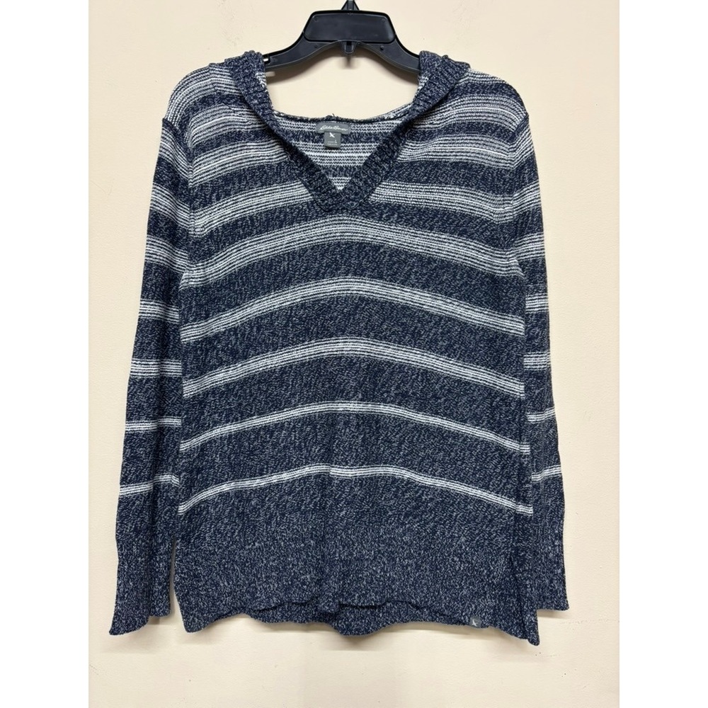 Eddie Bauer Women's Striped Hooded Sweater‎ Blue White Cotton Blend Size L